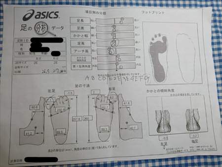 ヒマラヤスポーツの足型測定（無料）のデータをプリントしたもの