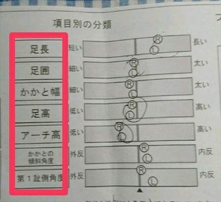 ヒマラヤスポーツの足型測定（無料）のデータをプリントしたもの